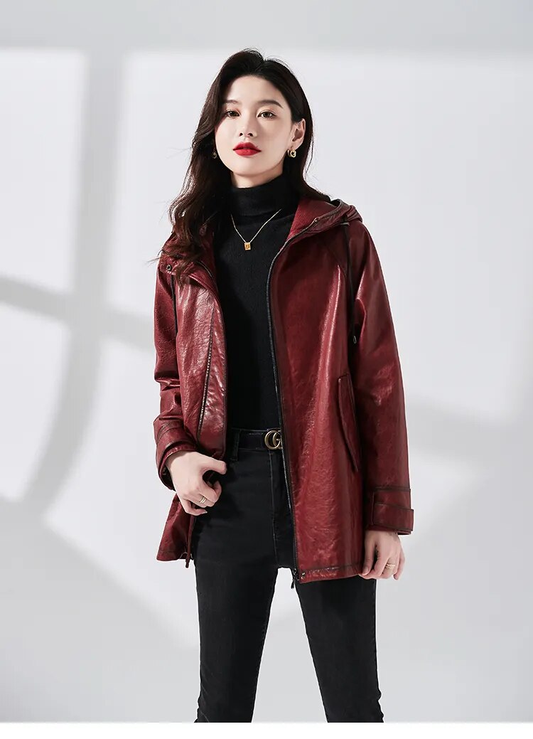 Women's Vintage Style Real Sheepskin Hooded Zipper Windbreaker Coat