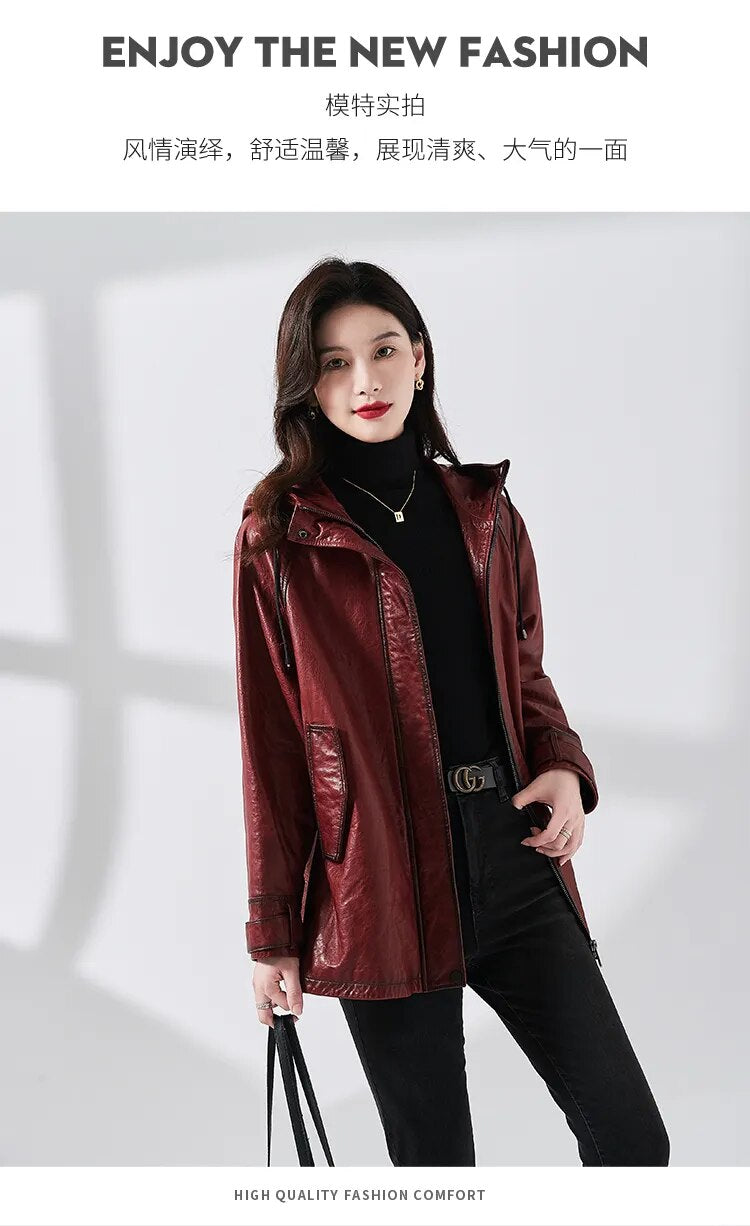 Women's Vintage Style Real Sheepskin Hooded Zipper Windbreaker Coat