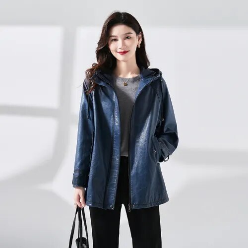 Women's Vintage Style Real Sheepskin Hooded Zipper Windbreaker Coat