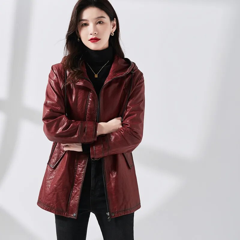 Women's Vintage Style Real Sheepskin Hooded Zipper Windbreaker Coat