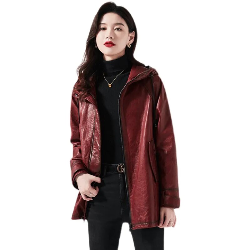 Women's Vintage Style Real Sheepskin Hooded Zipper Windbreaker Coat