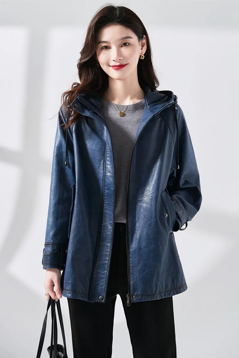 Women's Vintage Style Real Sheepskin Hooded Zipper Windbreaker Coat