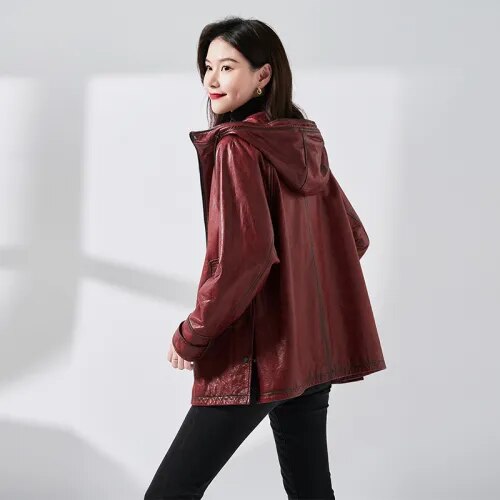 Women's Vintage Style Real Sheepskin Hooded Zipper Windbreaker Coat