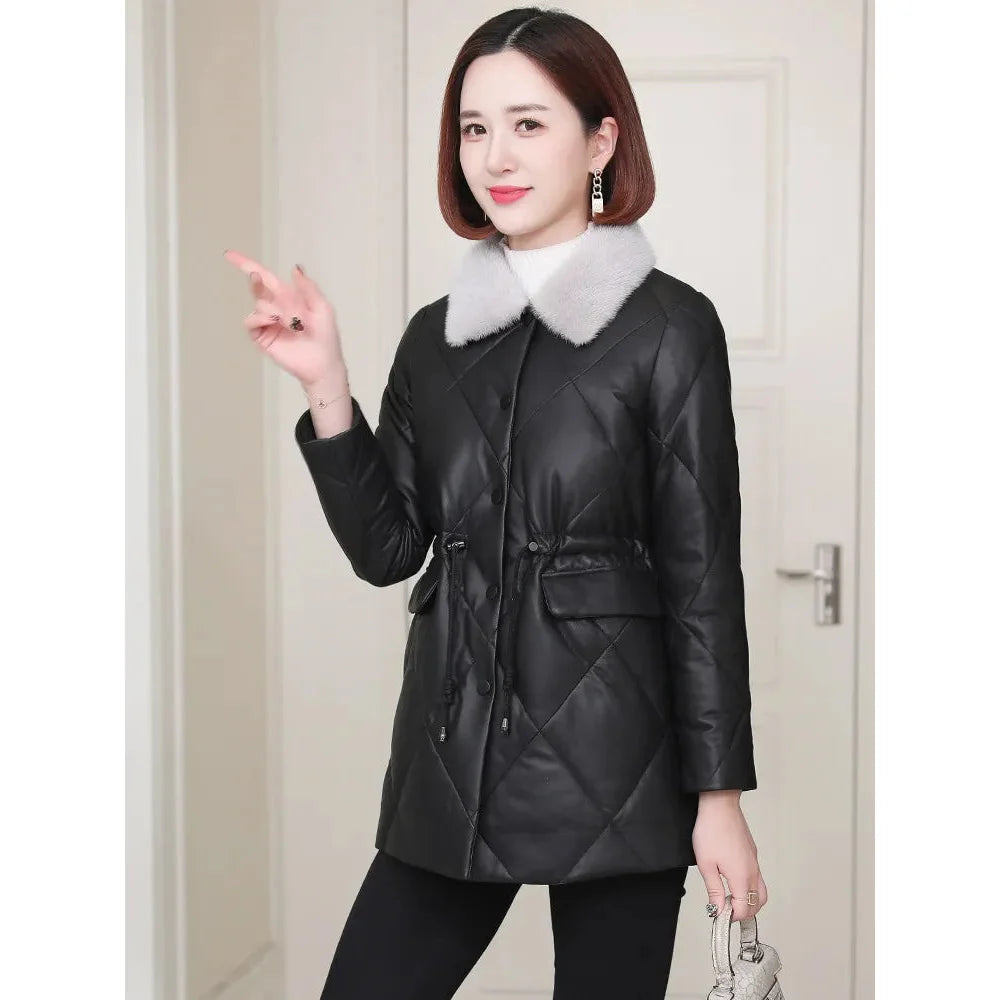 Women's Winter Fashion Genuine Leather Mink Fur Collar Slim Jacket