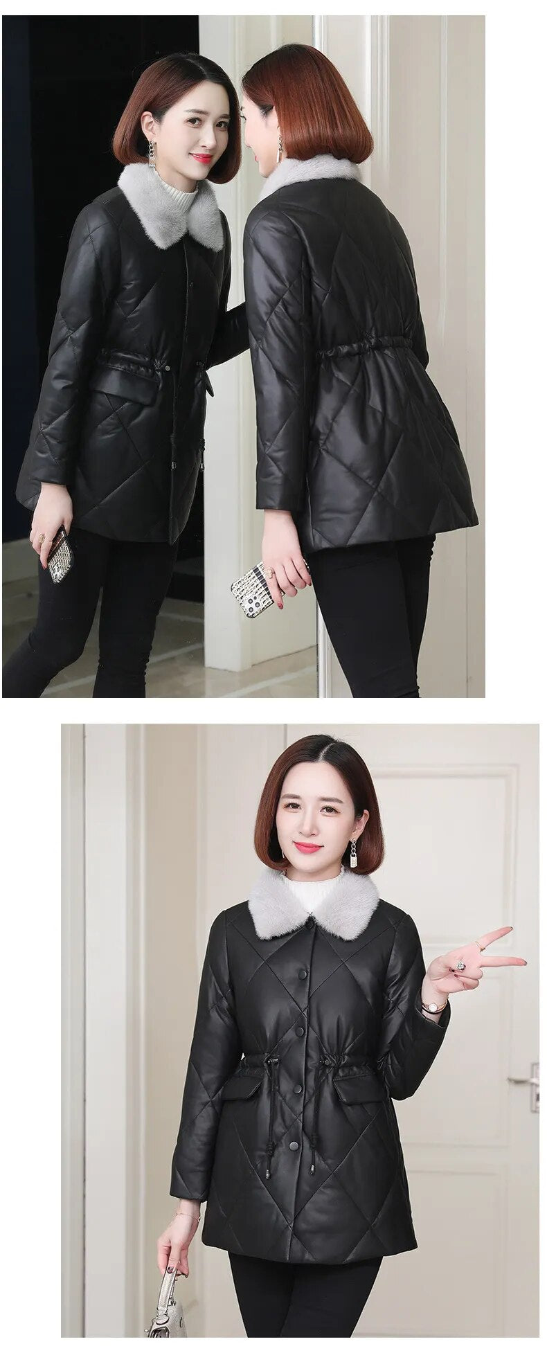 Women's Winter Fashion Genuine Leather Mink Fur Collar Slim Jacket