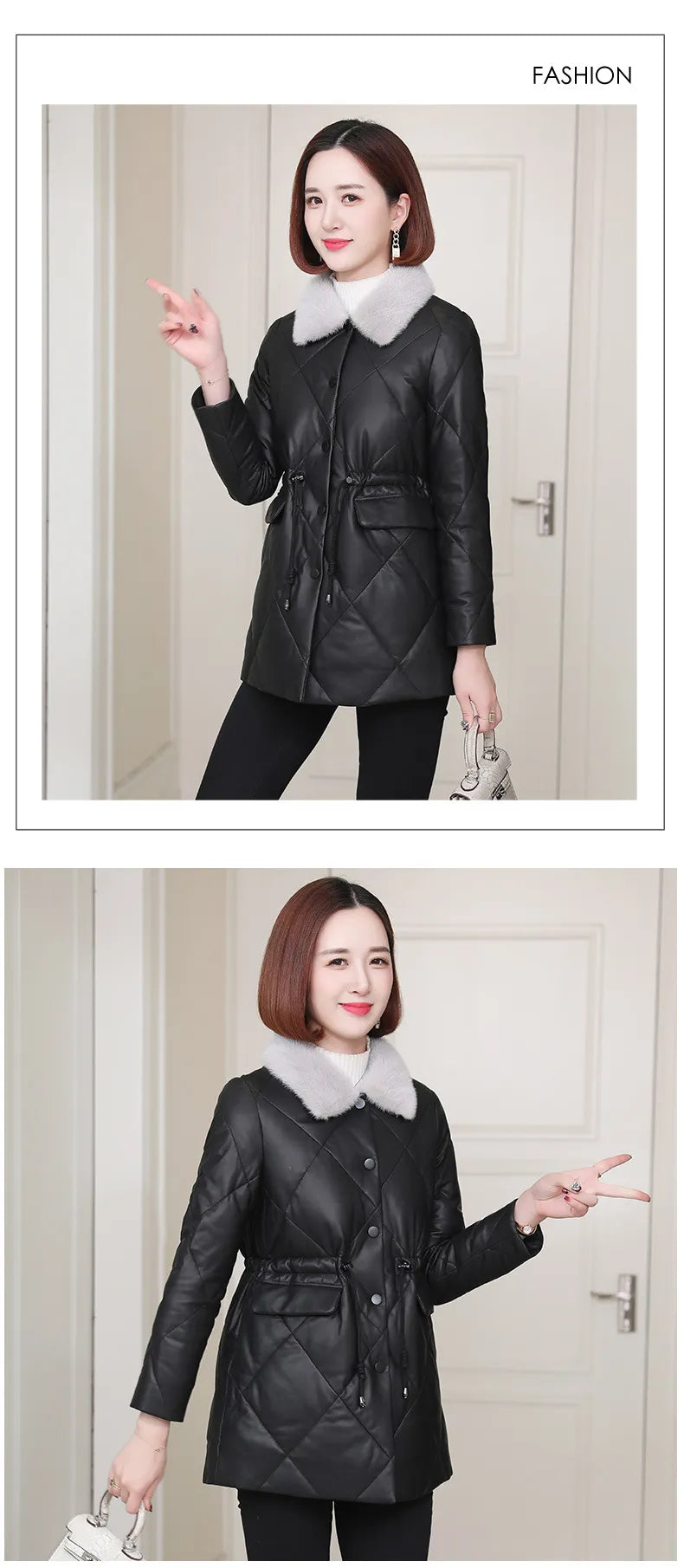 Women's Winter Fashion Genuine Leather Mink Fur Collar Slim Jacket