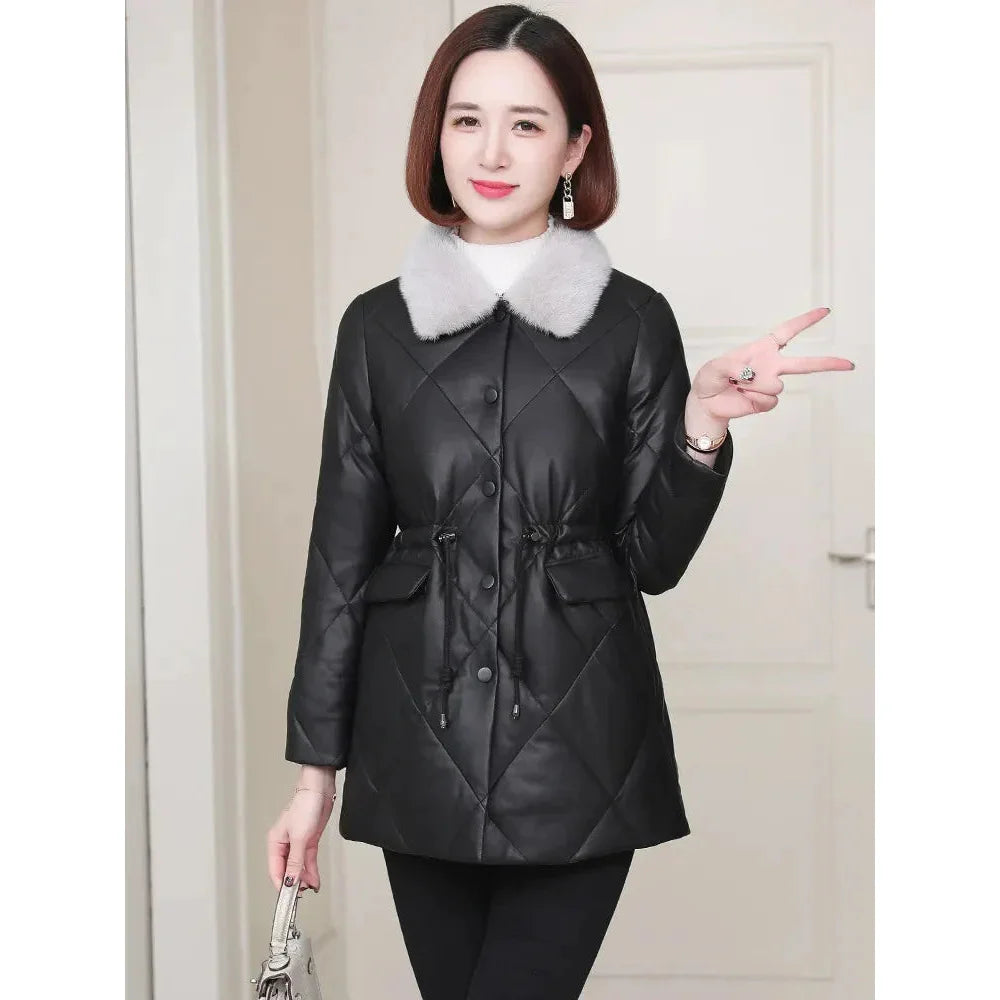 Women's Winter Fashion Genuine Leather Mink Fur Collar Slim Jacket