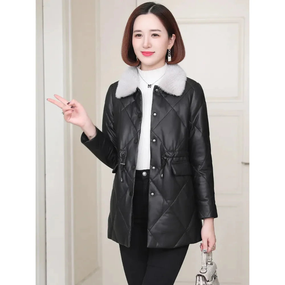 Women's Winter Fashion Genuine Leather Mink Fur Collar Slim Jacket