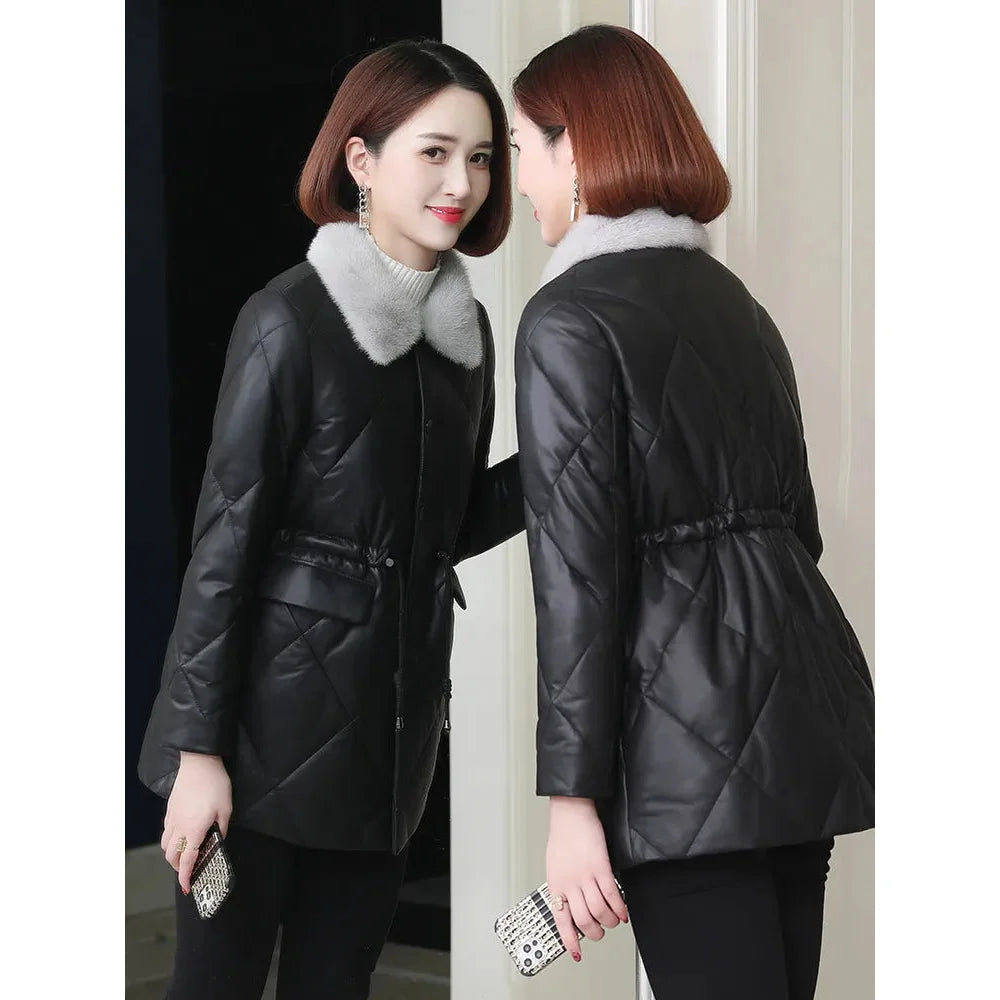 Women's Winter Fashion Genuine Leather Mink Fur Collar Slim Jacket