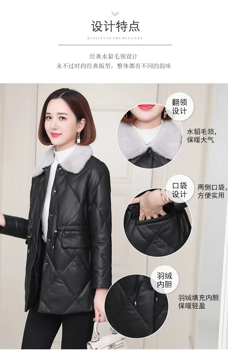 Women's Winter Fashion Genuine Leather Mink Fur Collar Slim Jacket