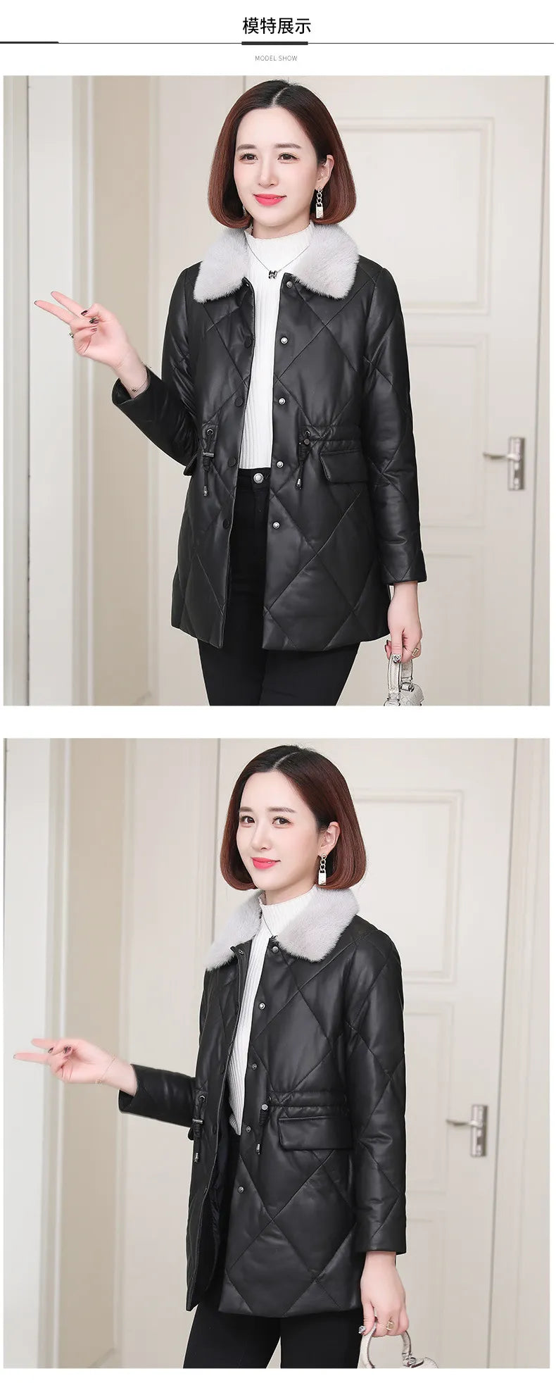 Women's Winter Fashion Genuine Leather Mink Fur Collar Slim Jacket