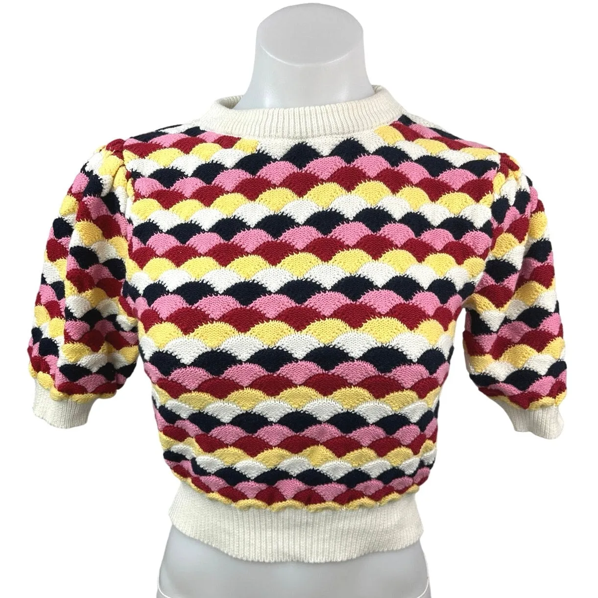 Zara Multicolor Textured Knit Crew Neck Short Puff Sleeve Crop Sweater Top Sz S