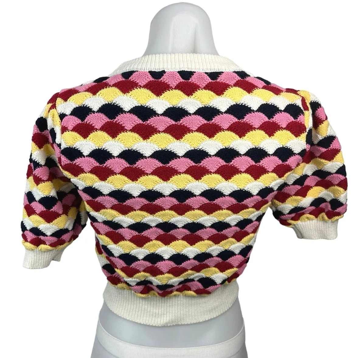 Zara Multicolor Textured Knit Crew Neck Short Puff Sleeve Crop Sweater Top Sz S