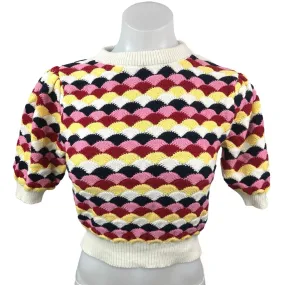 Zara Multicolor Textured Knit Crew Neck Short Puff Sleeve Crop Sweater Top Sz S