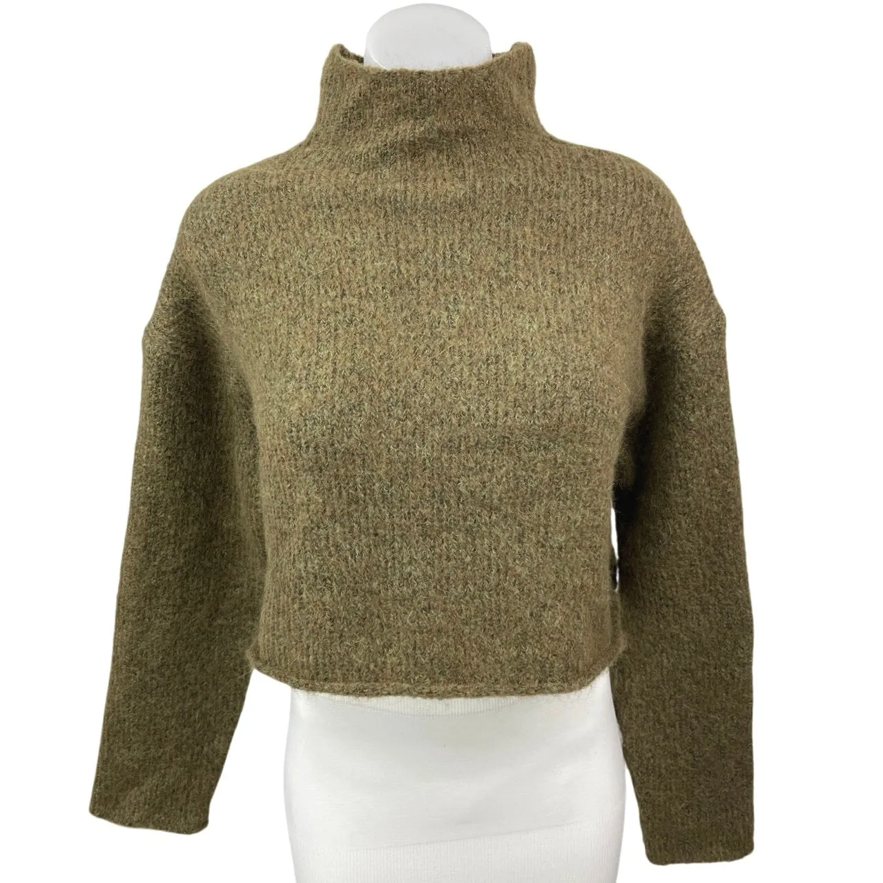 Zara Olive Green Wool Turtleneck Long Sleeve Cozy Pullover Crop Sweater Top Sz S