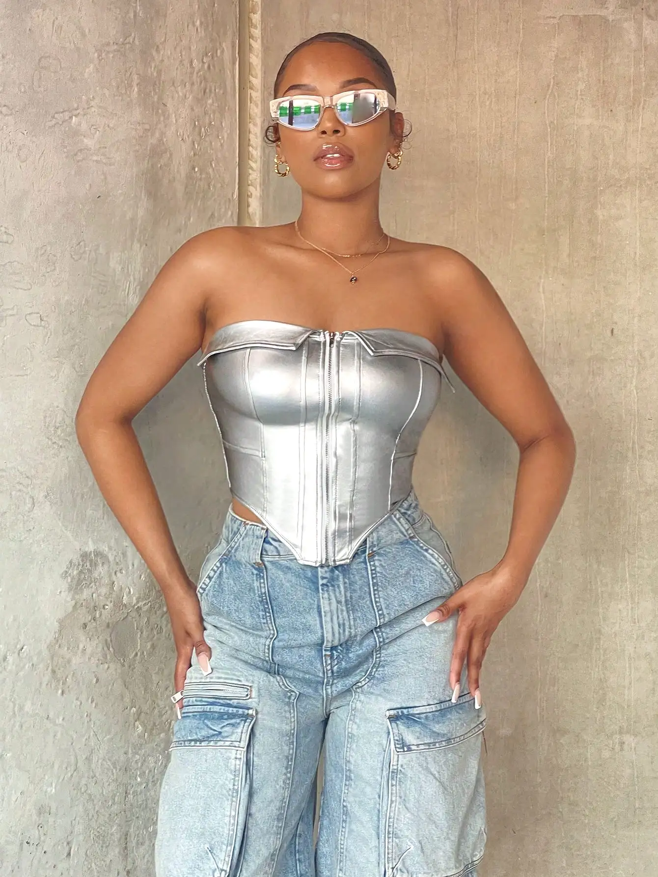 Zip Front Metallic Corset Tube Top